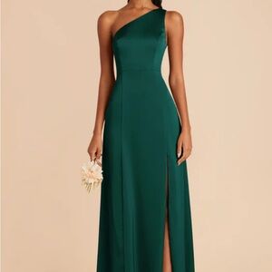 Birdy Grey One-Shoulder Emerald Matte Satin Dress